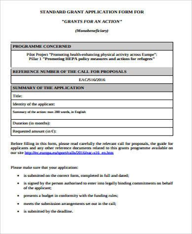 standard grant application form in pdf