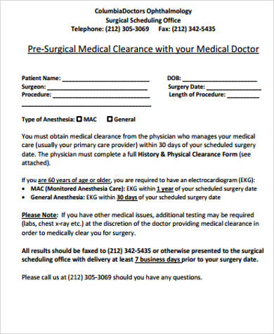 pre surgical medical clearance form