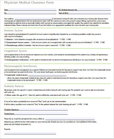physician medical clearance form