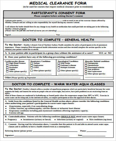 medical clearance form sample