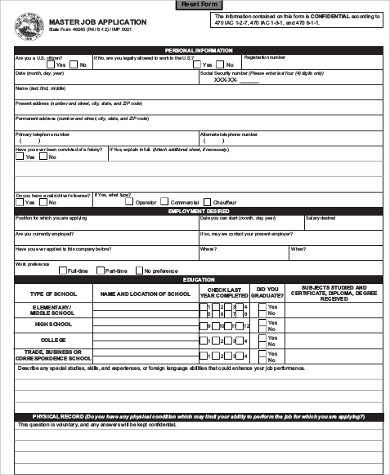 Printable Job Application Form Sample Master Of Template Document ...