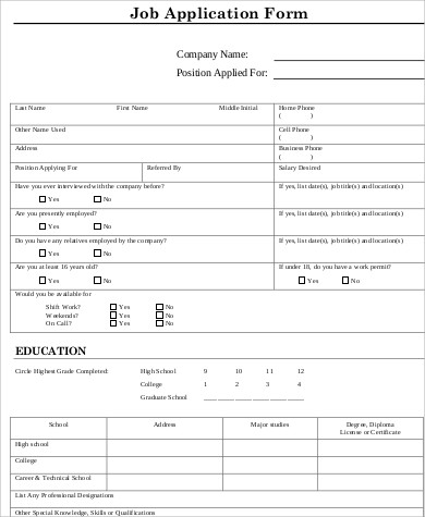 standard job application printable form