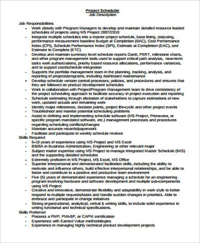 project scheduler job description pdf