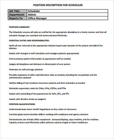 scheduler job description healthcare