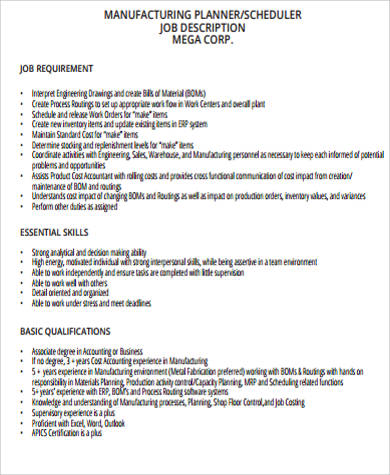 production planner scheduler job description example