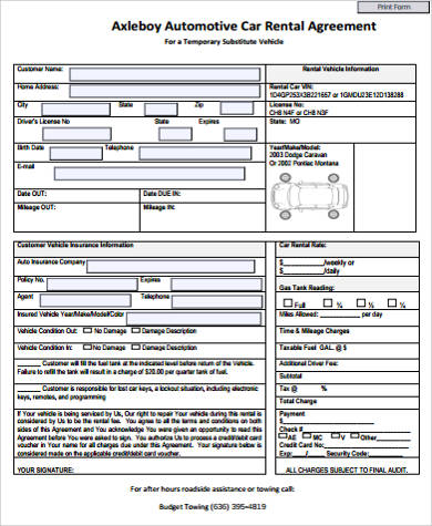 rental agreement car pdf automotive sample templates word