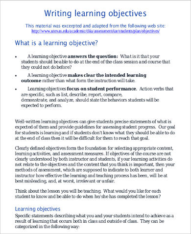 lesson objectives for essay writing