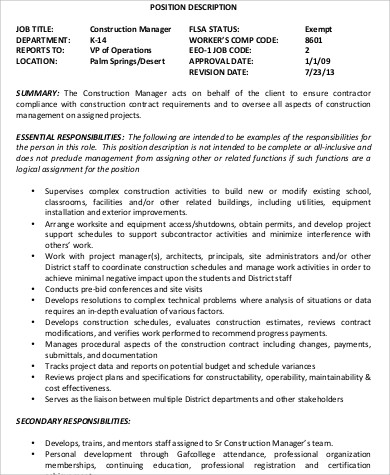 Construction Manager Job Description Resume : Assistant Construction ...