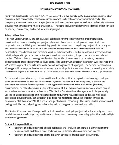 Project Manager Job Description In Construction Company ...