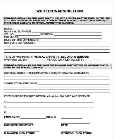 sample written employee warning form