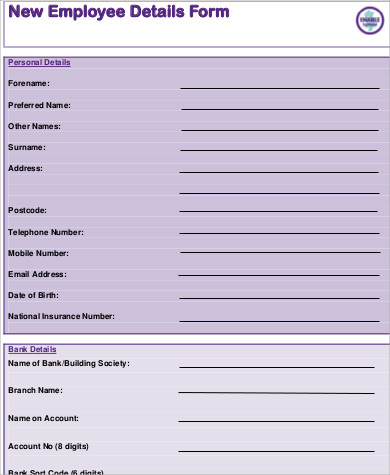 sample new employee details form