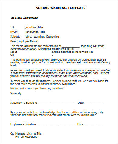 employee verbal warning form