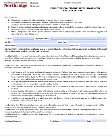 employee confidentiality statement form example