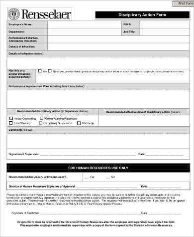 blank employee disciplinary action form example