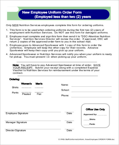 employee uniform order form