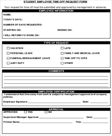 student employee request for time off form
