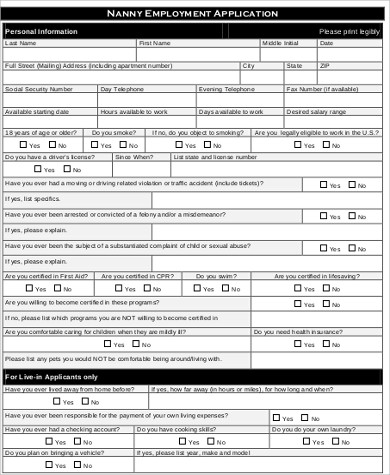 standard nanny job application form