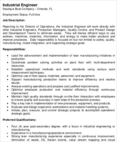 full time industrial engineer job description example