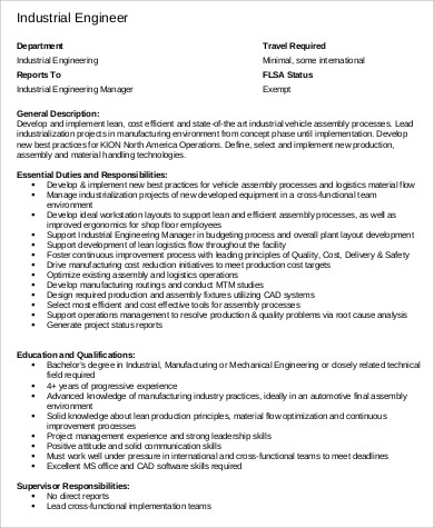 operations industrial engineer job description