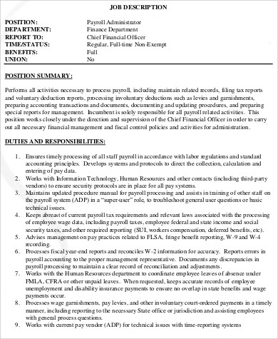 sample hr payroll administrator job description