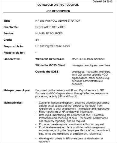hr payroll systems administrator job description