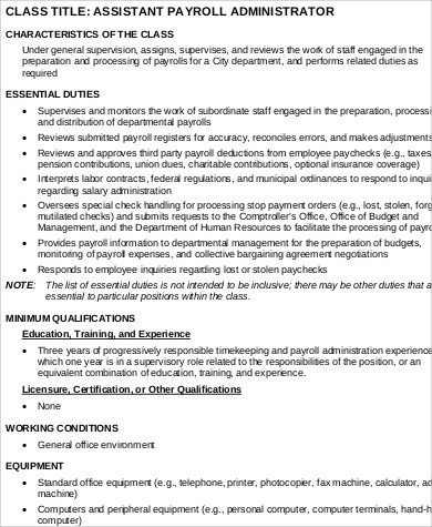 assistant payroll administrator job description
