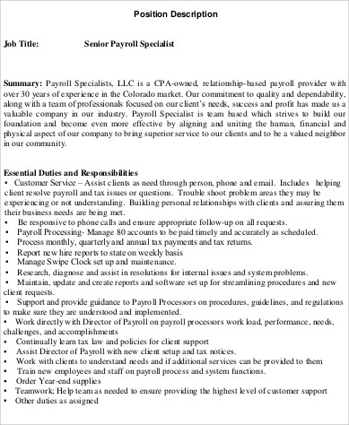 sample senior payroll specialist job description