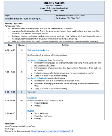 leadership team meeting agenda sample