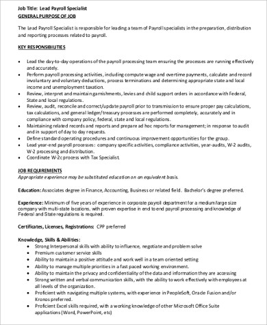 lead payroll specialist job description pdf