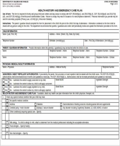 health and emergency care plan