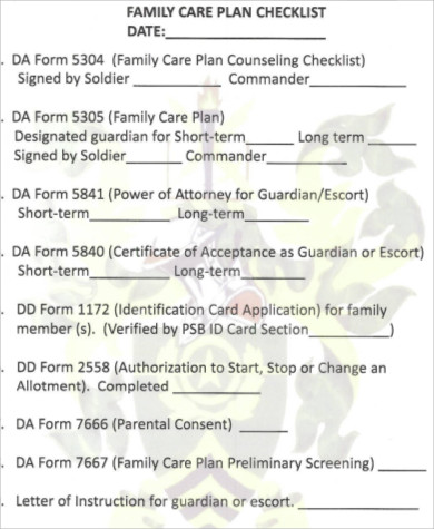 family care plan checklist