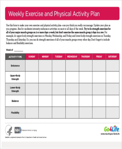 weekly exercise and physical activity plan