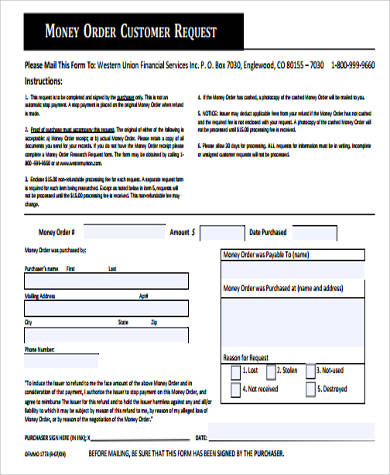 customer money order request form
