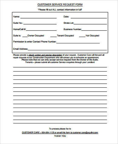 sample customer service request form