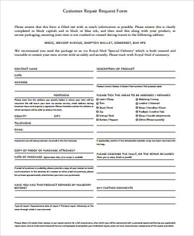 customer repair request form
