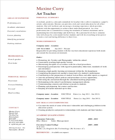 resume examples for art teacher