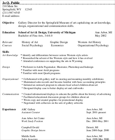 art resume skills sample