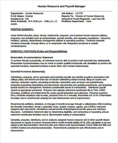 hr payroll manager job description pdf