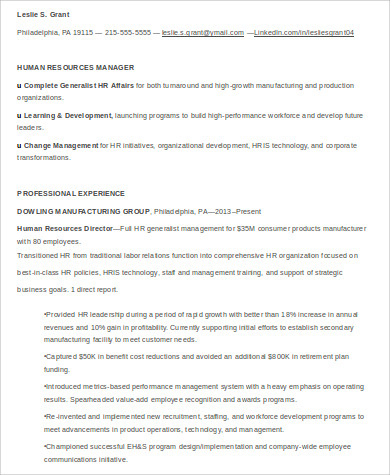 professional hr manager resume