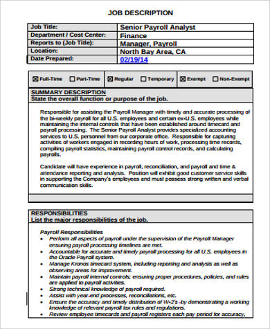sample senior payroll analyst job description