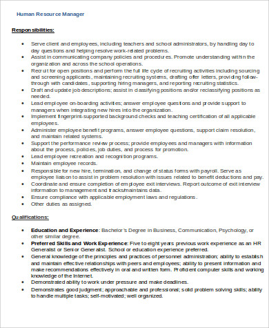 hr manager job description resume