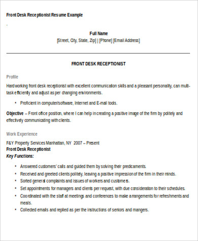 Free 7 Receptionist Resume Objective Templates In Ms Word Pdf