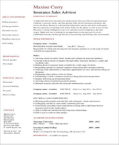 FREE 9+ Sample Insurance Agent Resume Templates in MS Word | PDF