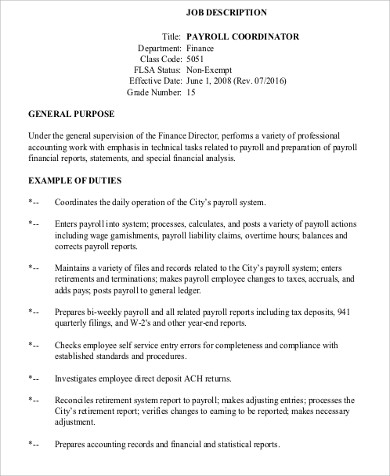 payroll coordinator job description sample