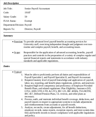 sample senior payroll accountant job description