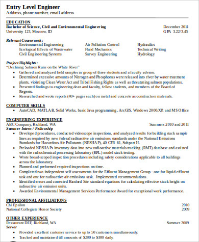 sample entry level engineer resume doc