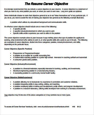 7+ Sample Resume Objective Statements  Sample Templates