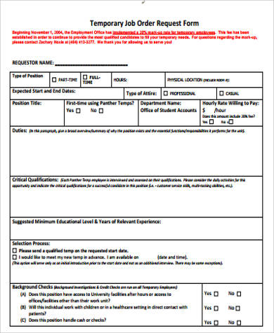 temporary job order request form