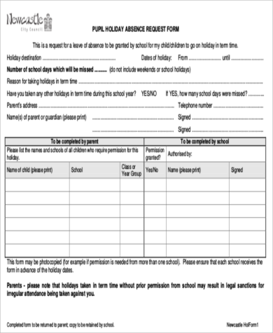 pupil holiday request form example