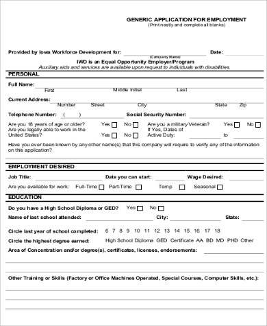 blank generic application for employment